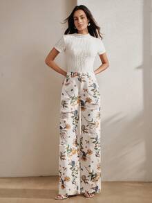 Anewsta Women's New Floral Print White Straight Leg Pants, Summer Promotion - White - View 5