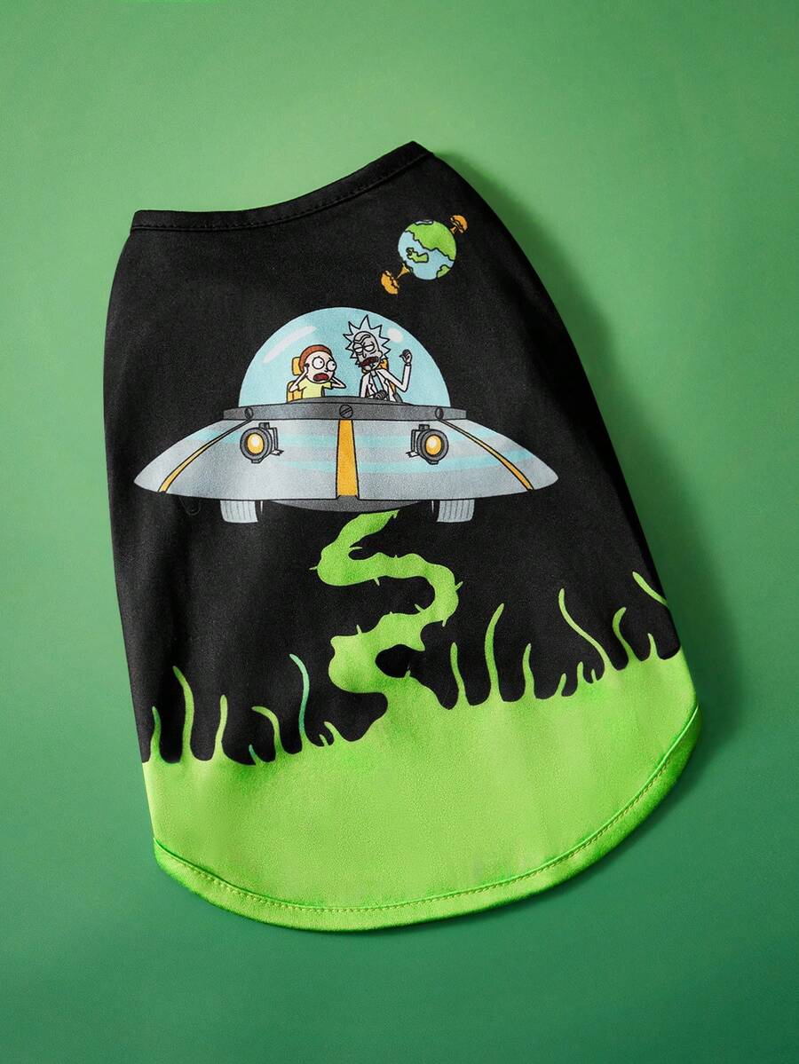 Rick and Morty X SHEIN 1 件卡通图案印花宠物背心,猫咪衣服,狗狗衣服,尺码 XXS-XXXXL,特小号,特大号,太空飞船,魔法,实验,瑞克,莫蒂。 - 黑色 - 查看 1
