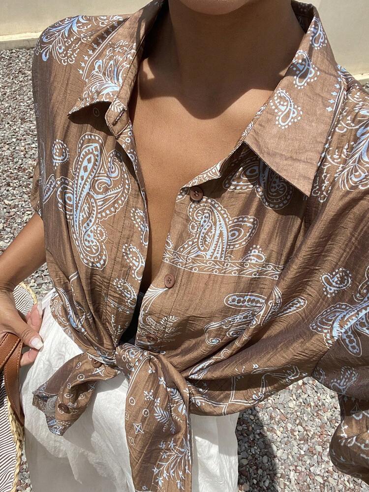 Women's Lapel Loose Long Sleeve Textured Bohemian Style Casual Blouse