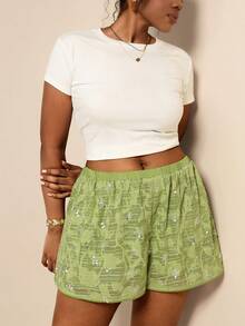 Elaquor Plus Size Sequin Patchwork Embroidered Elastic Waist Loose Summer Shorts Green Short For Women Casual Vacation Going Out Short For Women - Green - View 6
