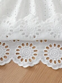Elladie kids 2 قطعة/مجموعة طقم فتيات بأسلوب كوري أنيق وحلو، توب كاميسول بطبقة مزدوجة من قماش مطرز بزهور ثلاثية الأبعاد ومفرغ + شورت كاجوال، زي أميرة عصري لحفلات العطلات وأعياد الميلاد والهدايا والسفر في الربيع والصيف - أبيض - مشاهدة 9