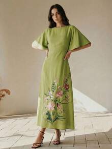 Anewsta 夏季女款圓領短袖重工刺繡綠色長版優雅洋裝，女款優雅洋裝，綠色洋裝 - 綠色 - 查看 5