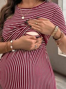 SHEIN Maternity & Nursing Striped Round Neck Short Sleeve Casual Dress - Burgundy - View 5