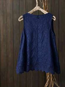 SHEIN LUNE CURVE 大码女式春夏刺绣无袖圆领修身背心，百搭时尚 - 藏蓝色 - 查看 2