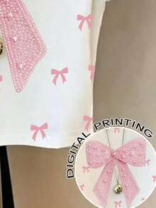 Teen Girl Casual Sweet Oversized Bow & Butterfly Print Short Sleeve Round Neck Fitted T-Shirt, Cute & Sweet, Suitable For Summer - Multicolor - View 5