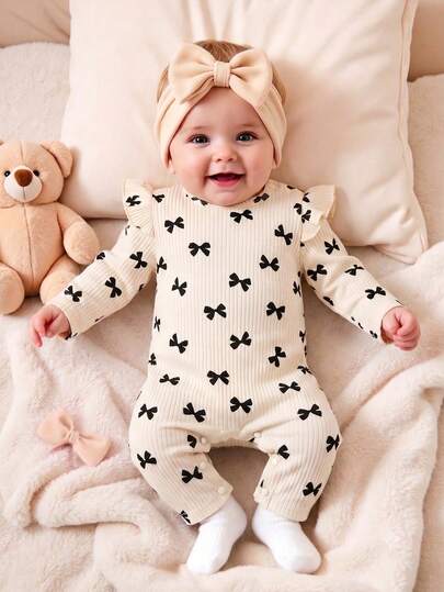 SHEIN Adorable Baby Girls Apricot Ribbed Fabric Long Sleeve Jumpsuit With Cute Bows