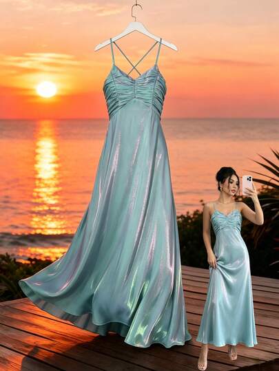 Elenzga Đầm maxi satin màu xanh lục ánh kim cao cấp Flora Isola dành cho nữ, thiết kế không tay, dây mảnh, thích hợp cho tiệc tối, với phần ngực xếp ly, chi tiết dây buộc phía sau có thể điều chỉnh, tôn dáng mọi vóc dáng – Chiếc đầm hoàn hảo cho hoàng hôn trên bãi biển, với kiểu dáng thướt tha lãng mạn khi bạn sải bước.