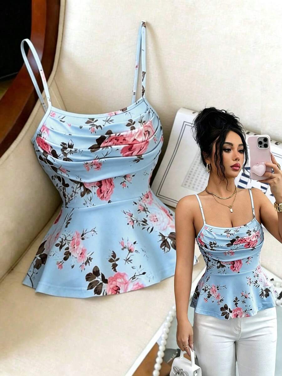 SHEIN Elenzya 畅销款玫瑰印花度假风吊带褶皱腰部喇叭下摆吊带背心,夏季度假 - 藍色 - 查看 1