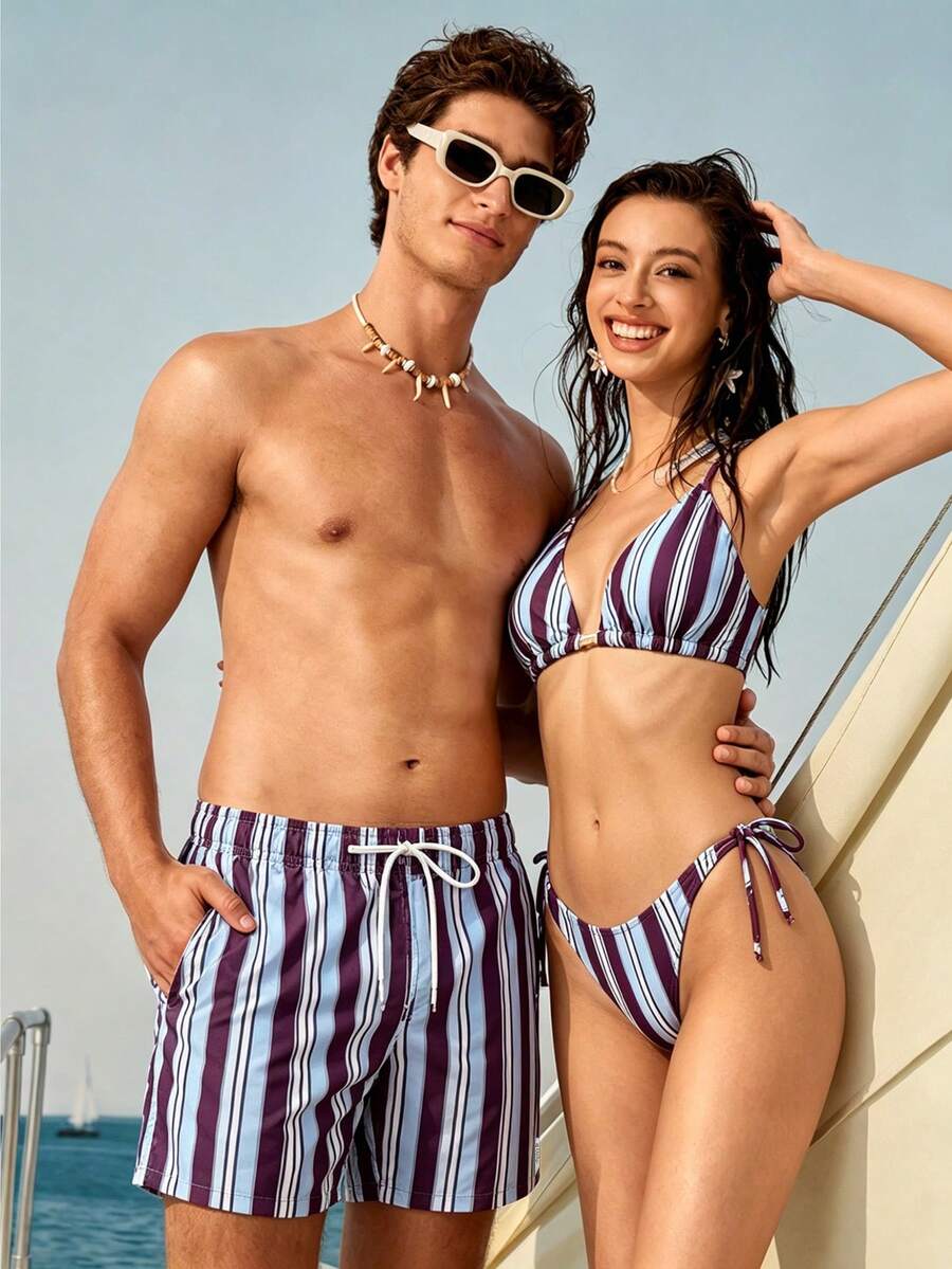 Manfinity VDAYZ 1 chiếc quần short đi biển nam kiểu dáng nghỉ mát, phối màu tương phản, kẻ sọc, có dây rút ở eo. - Màu xanh nhạt - Xem 1