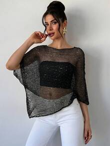Firerie Khăn choàng không đối xứng khoét rỗng đính hạt dành cho nữ, thích hợp cho mùa xuân/hè. - màu đen - Xem 7