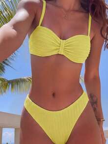 SHEIN Swim Women's Summer Beach Solid Color Ruched Sexy Bikini Set - Yellow - View 1