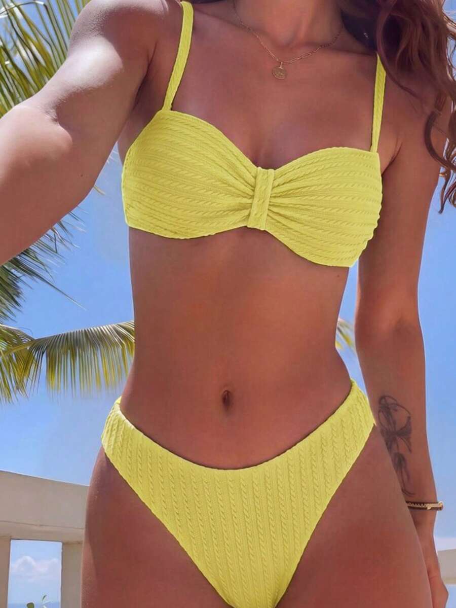 SHEIN Swim Women's Summer Beach Solid Color Ruched Sexy Bikini Set - Yellow - View 1
