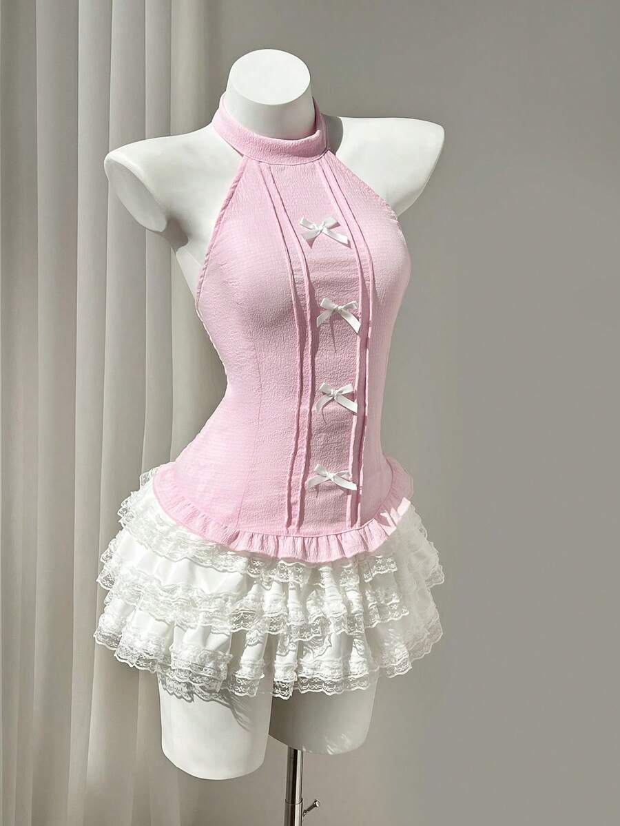 Elamini 女款甜美蝴蝶結裝飾緊身掛脖背心,適合夏季 - 粉色 - 查看 1