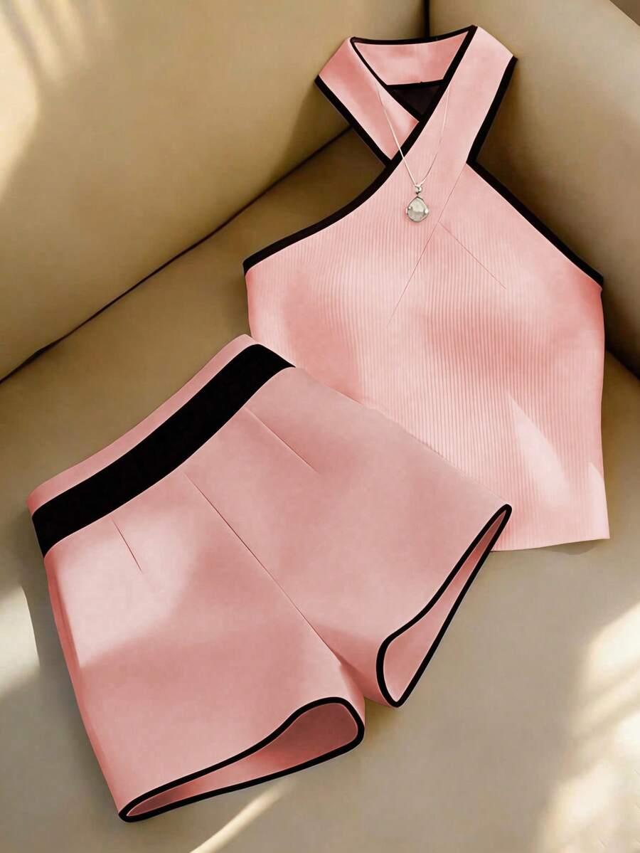 Franclia Women's Soft Ribbed Knit Halter Neck Top & Contrast Trim Shorts Elegant 2-Piece Set,Pink Checkered,Summer,Brunch Vacation Beach Wear - Pink - View 1