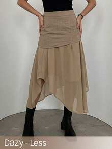 DAZY Women's Vintage Girlisim Asymmetric Hem Commuter Skirt, Autumn Golf Pastal - Khaki - View 1