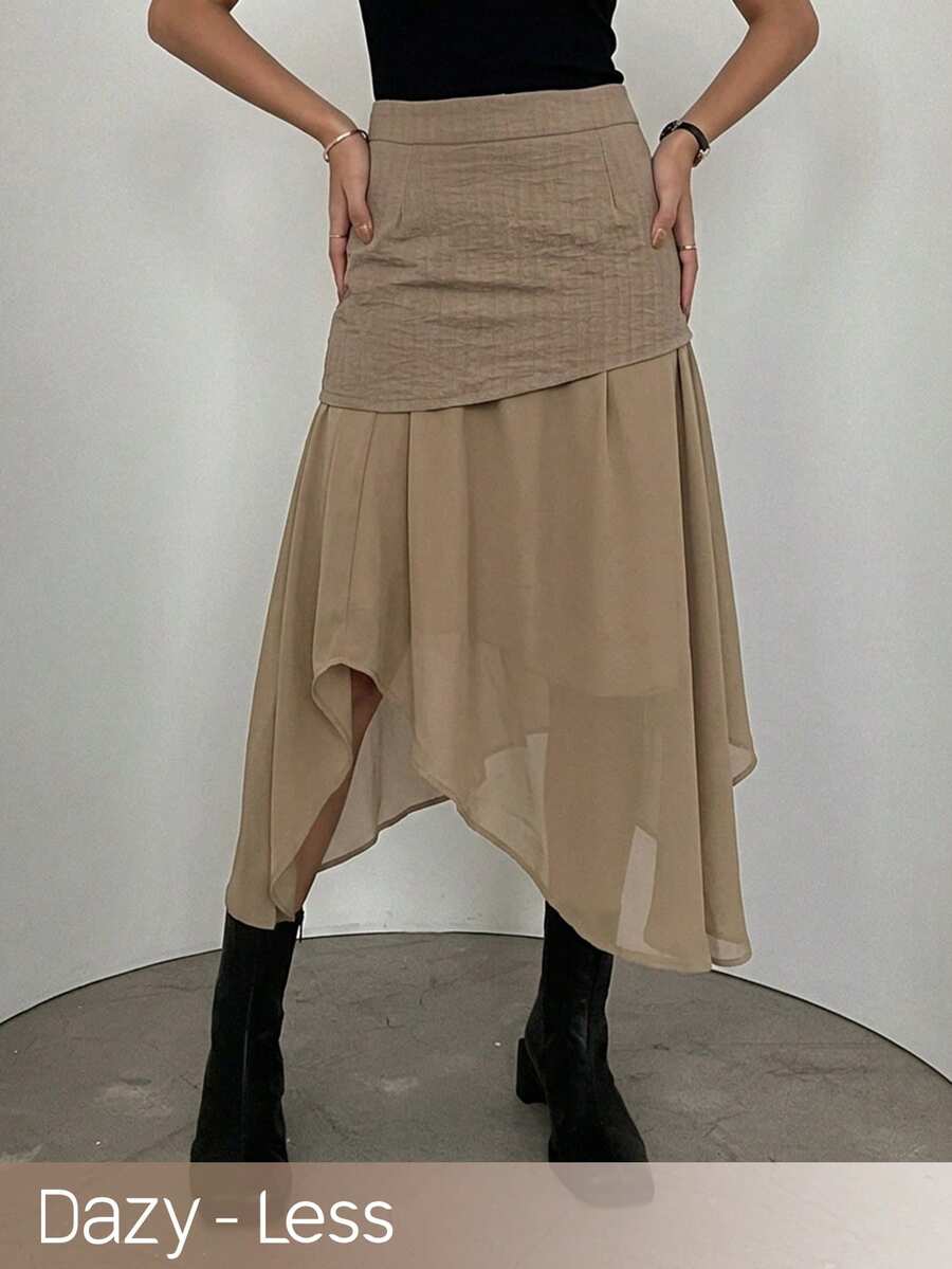 DAZY Women's Vintage Girlisim Asymmetric Hem Commuter Skirt, Autumn Golf Pastal - Khaki - View 1