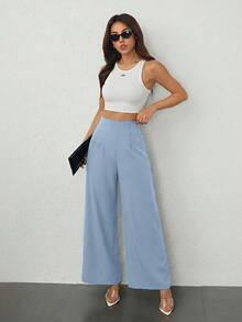 SHEIN PETITE 女款簡約休閒時尚返校季老錢風通勤高腰紋理寬腿長褲，適合小個女生 - 霧霾藍 - 查看 4