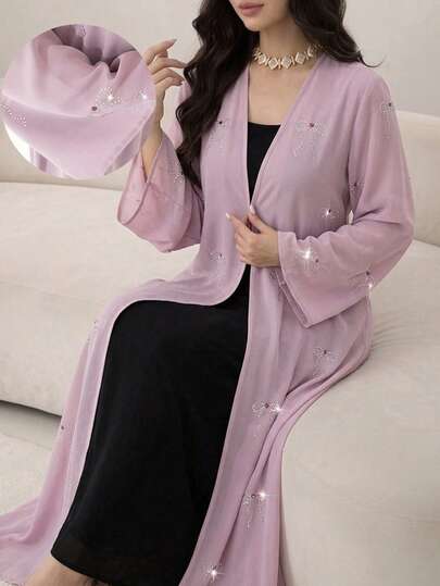 Yasmyna Áo Abaya dài tay thanh lịch dành cho nữ, điểm nhấn là nơ đính đá.