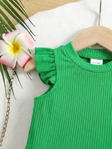 SHEIN 女嬰純色圓領荷葉袖羅紋T恤與印花長褲度假套裝 - 彩色 - 查看 3