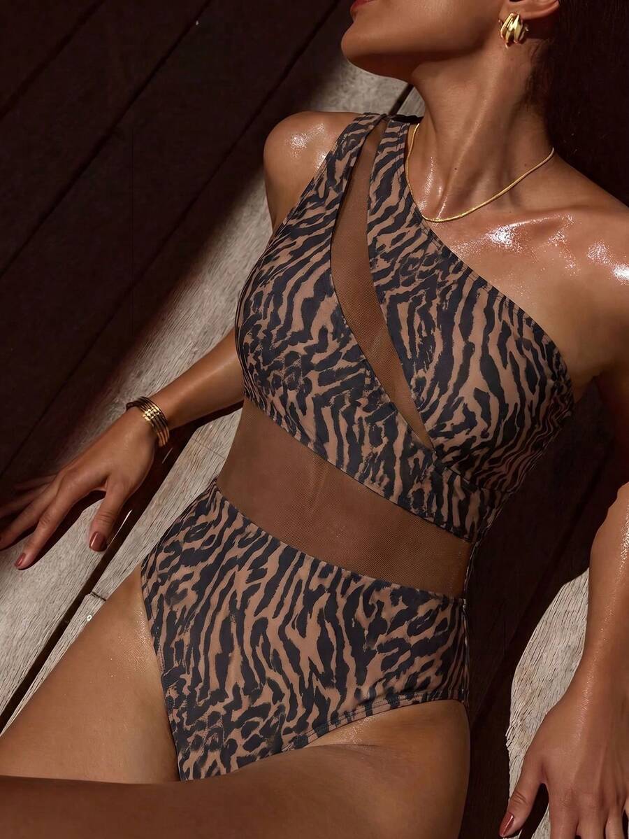 Swim Chiccia 女款春假連身泳衣,純色網格拼接,時尚不對稱單肩露背設計,休閒優雅度假泳裝 - 彩色 - 查看 1