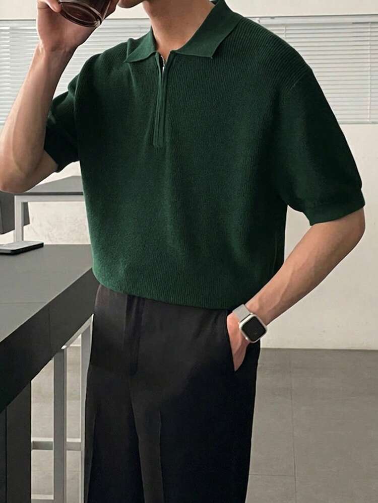Men's Solid Color Short Sleeve Polo Neck Knit Top