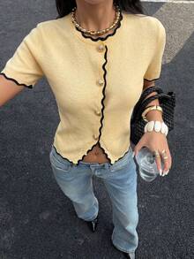 Siren Gaze Women's Minimalist Casual Commuter Contrast Trim Front Button Short Sleeve Thin Cardigan - Yellow - View 3