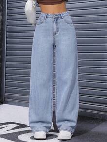 SHEIN ICON Plus Size Women Versatile Pocketed Button Fly Summer Jeans Back-To-School Graduation Light Blue Casual Formal - Blue - View 1