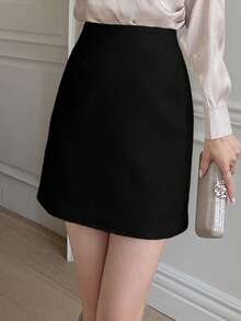 Wynsel Solid Color Casual Straight Skirt Fall Skirts - Black - View 3