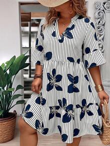 Breezaya Plus Size Women Summer Floral Print V-Neck Ruffle Hem Loose Dress - Blue - View 3