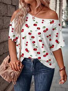 EMERY ROSE Fashionable Casual Retro Basic White Background Red Cherry Print Asymmetric Neck Hollow Neck & Cuff Plus Size T-Shirt - Multicolor - View 1