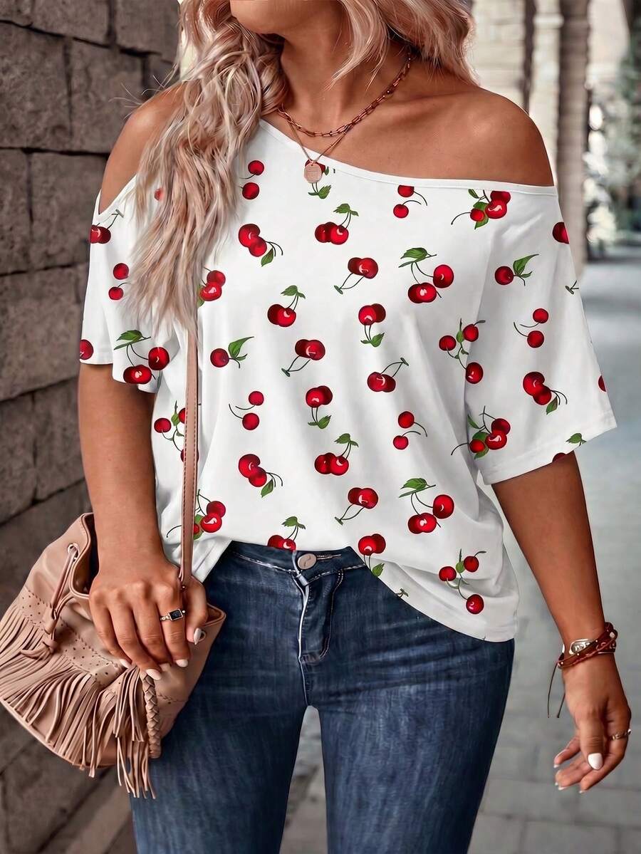 EMERY ROSE Fashionable Casual Retro Basic White Background Red Cherry Print Asymmetric Neck Hollow Neck & Cuff Plus Size T-Shirt - Multicolor - View 1