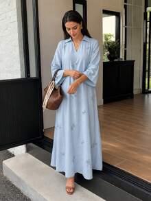 Solavon Vacation Embroidered Collar Metal Button Decor Women's Dress Garden Party Light Blue Autumn French Style - Blue - View 5