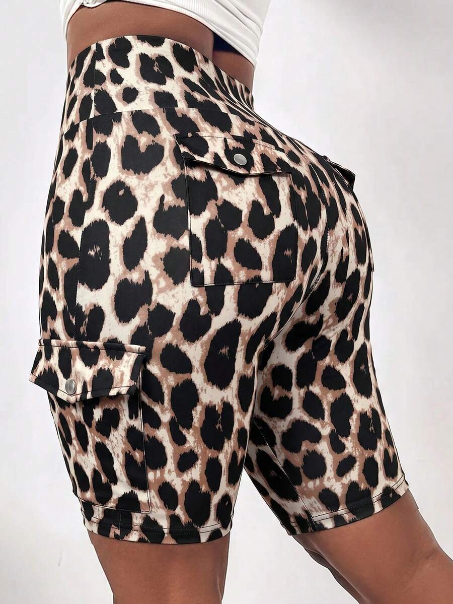 SHEIN LUNE Plus Size High Waist Fold-Over Cargo Running Shorts With Pockets, Tummy Control & Butt Lifting - Coffee Brown - View 1