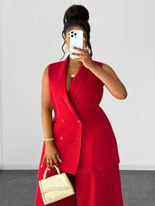 Maweii Plus Size Women Casual Elegant Blazer Jacket And Wide Leg Pants Suit, Suitable For Work Commute, Autumn/Winter - Red - View 2