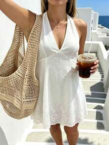 Breezaya Đầm ngắn màu trắng thêu họa tiết, cổ chữ V sâu, không tay, eo thắt, dáng suông, mùa hè, phong cách tối giản, dành cho nữ, chất liệu dệt kim, thích hợp cho kỳ nghỉ. - trắng - Xem 4