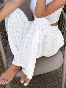 Livesso Women's Solid Color Hollow-Out Embroidery Casual Elastic Waist Long Pants Summer - White - View 3