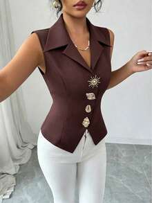 Elenzga Women's Fashionable Elegant Solid Color Sleeveless Blouse - Burgundy - View 4