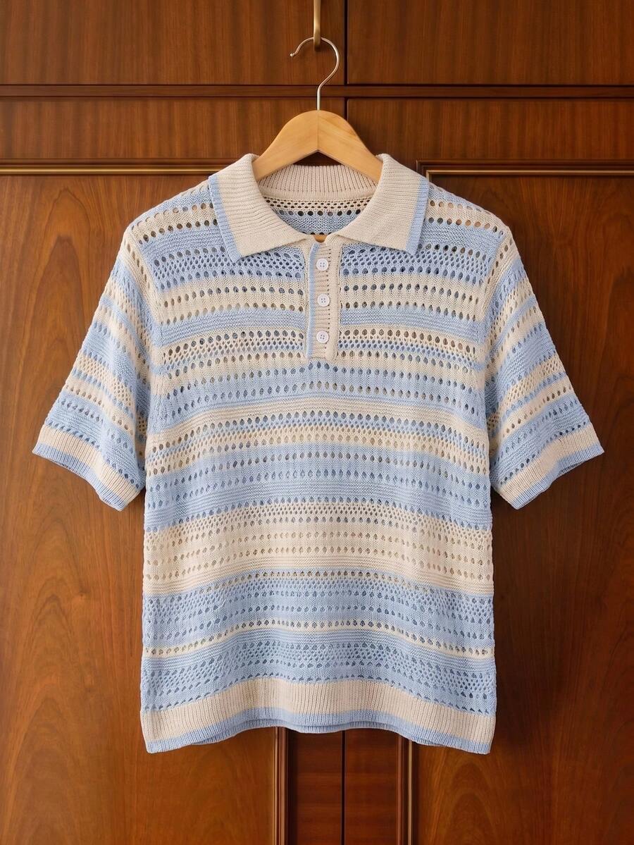 Manfinity Hypemode Men's Summer Vacation Contrast Color Hollow Out Knit Short Sleeve Top - Baby Blue - View 1