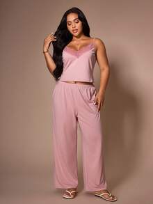 Lazeform 3pcs Plus Size Lace Patchwork Camisole, Pants And Robe Sleepwear Set, Suitable For All Seasons - Pink - View 3