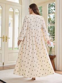 Al Najma Casual Minimalist Ditsy Floral Round Neck Lantern Sleeve Loose Regular Plus Size Women Arabic Wedding Guest Boho Apricot Maxi Dress - Apricot - View 2