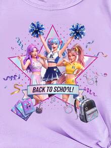 SHEIN 春夏少女休闲时尚创意个性清新高端烟火五角星卡通少女图案印花休闲基础款黑色短款T恤，舒适日常穿着，温暖夏秋风格，适合春、夏、秋季少女氛围穿搭，上衣 - 紫色 - 查看 7