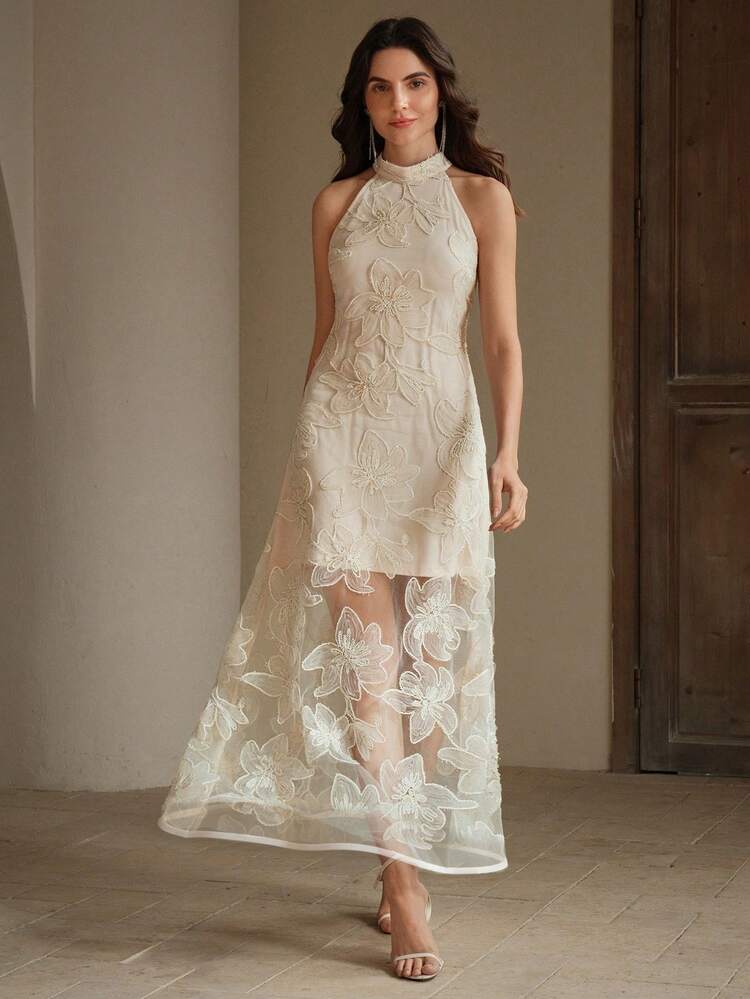 Women's Spring/Summer Sleeveless Halter Neck Dress With Exquisite 3D Floral Embroidery, Suitable For Evening Gowns And Other Formal Occasions