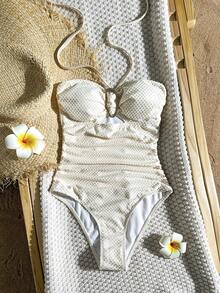 Swim Vcay 2026 Spring/Summer Spaghetti Strap Apricot Textured Polka Dot Fabric Gold Irregular Decor Fitted Sweet One-Piece Bikini Swimsuit - Apricot - View 2