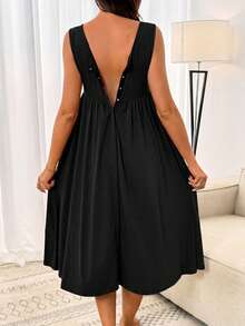 Slowluna Solid Color V-Neck Button Design Sleeveless Midi Dress - Black - View 8