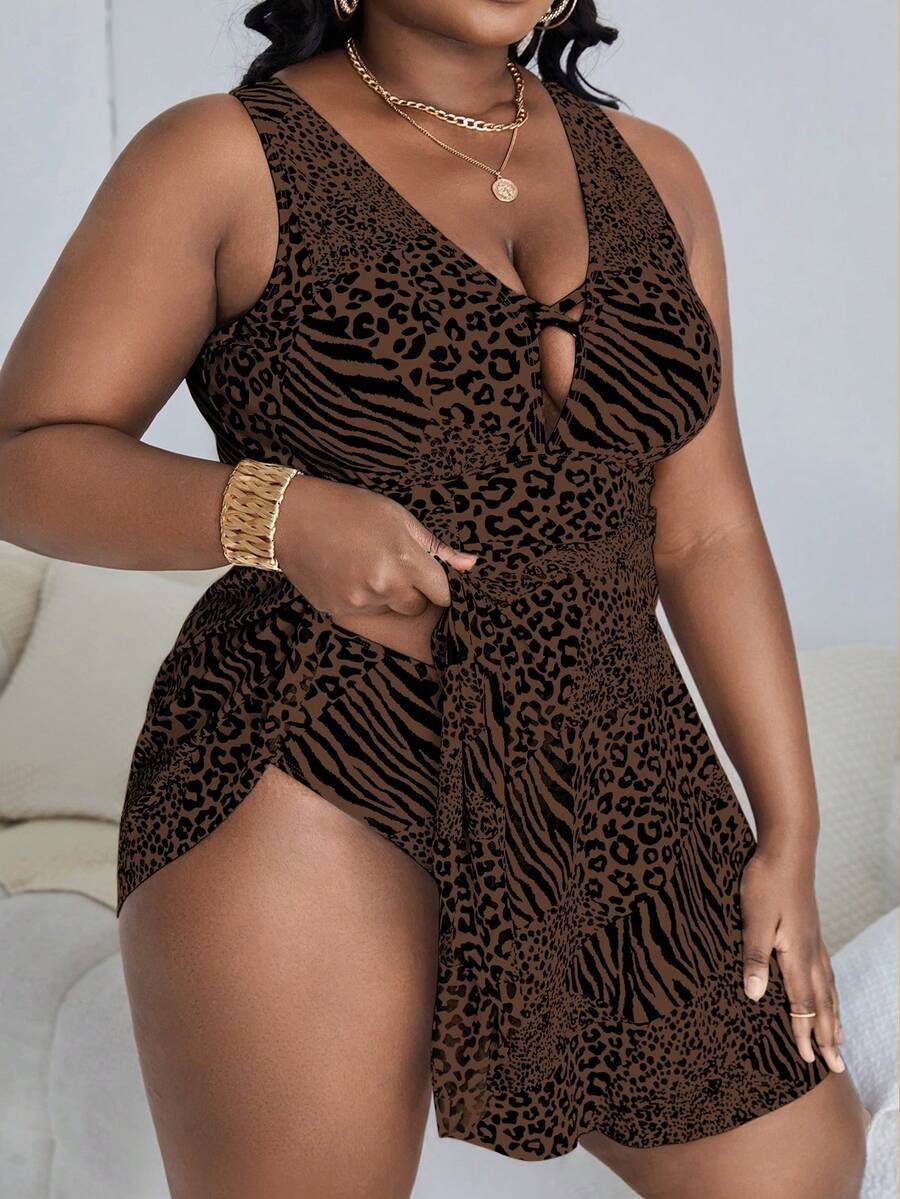 Slaydiva Plus Size Women Leopard & Zebra Print Tankini Top And Triangle Tankini Bottom Swimsuit Set, Suitable For Summer Vacation And Beach - Coffee Brown - View 1