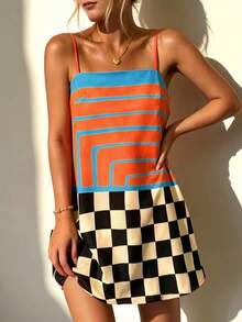 Vaclyn Women's Summer Casual Fashionable Vacation Style Patchwork Print Loose Strap Dress - Multicolor - View 5