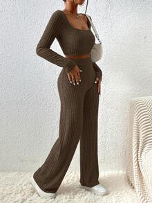 EURMUSE Cotton 2pcs/Set Ribbed Short Sleeve T-Shirt & Long Pants Outfits - Dark Grey - View 5