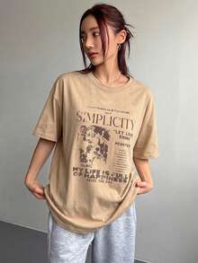 DAZY 字母印花街頭風女款寬鬆大尺寸T恤，日常米色夏季圖案短袖上衣 - 卡其色 - 查看 5