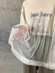 FRIFUL Women's Casual Lace Patchwork Round Neck Summer T-Shirt Graphic Tee - White - View 7