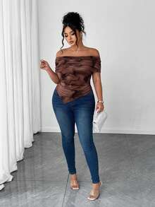 Elenzga Plus Size Women Elegant Off-Shoulder Ruched Asymmetric Hem Cinched Waist T-Shirt - Brown - View 4